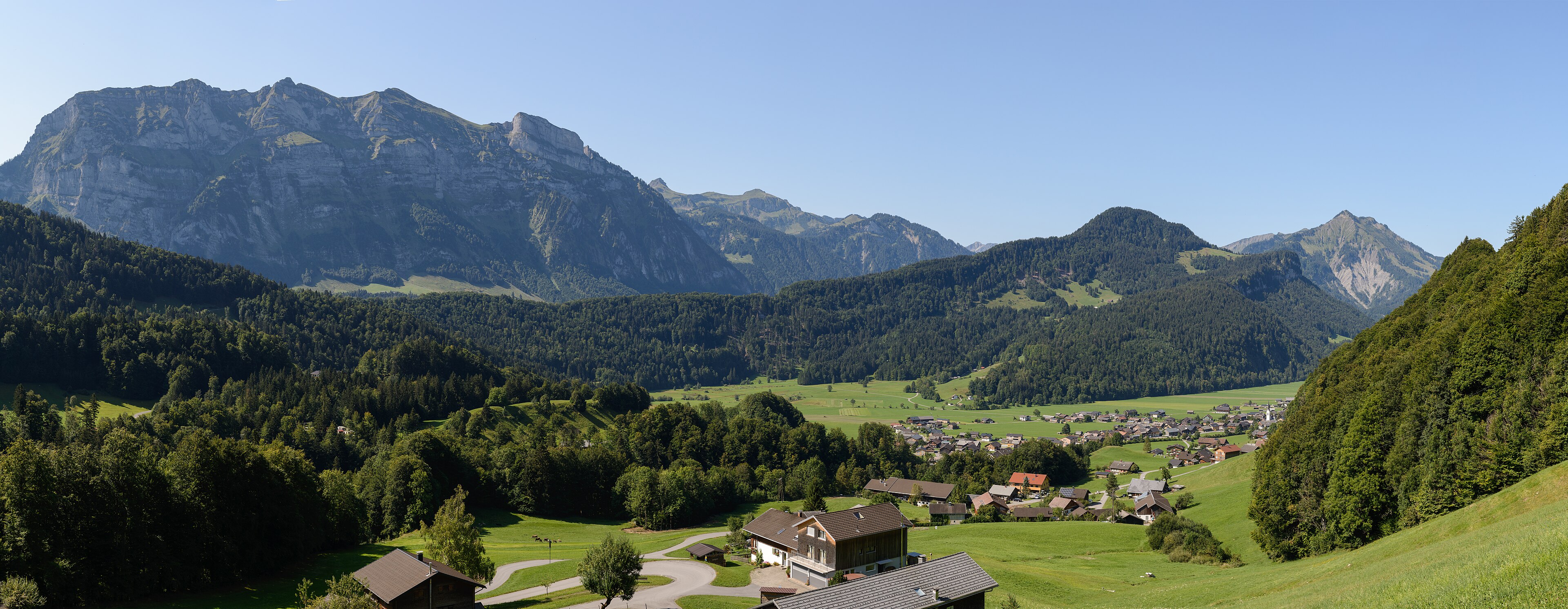 Panoramablick auf Bizau mit grünen Wiesen, Dorf und Bergen